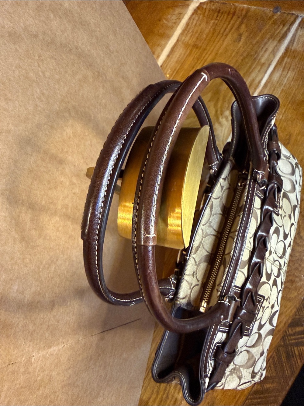 Coach F15665 Signature Gallery Tote Khaki Brown Braided Leather EUC - Picture 9 of 17